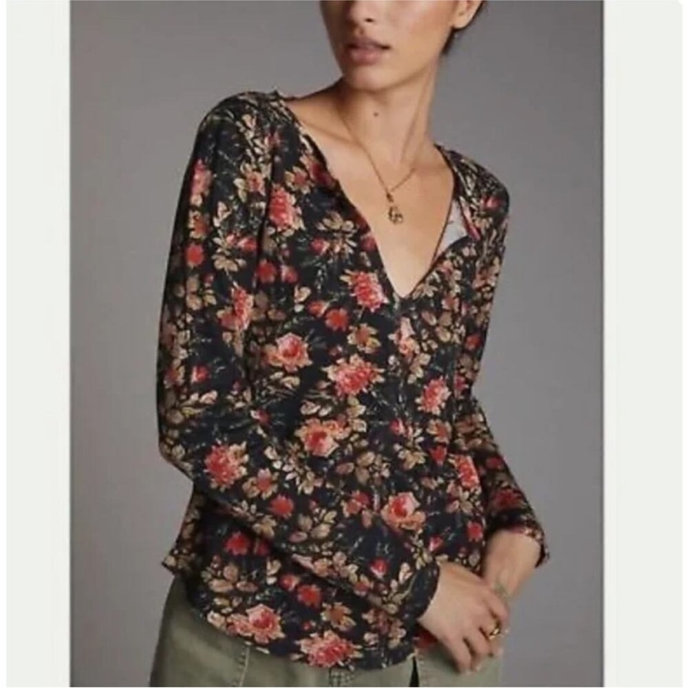 Anthropologie Pilcro Black and Red Floral Blouse